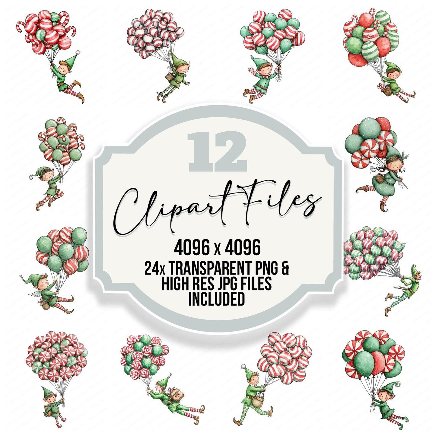 Christmas Watercolour Elf Balloons Clipart Set (DDD004922)