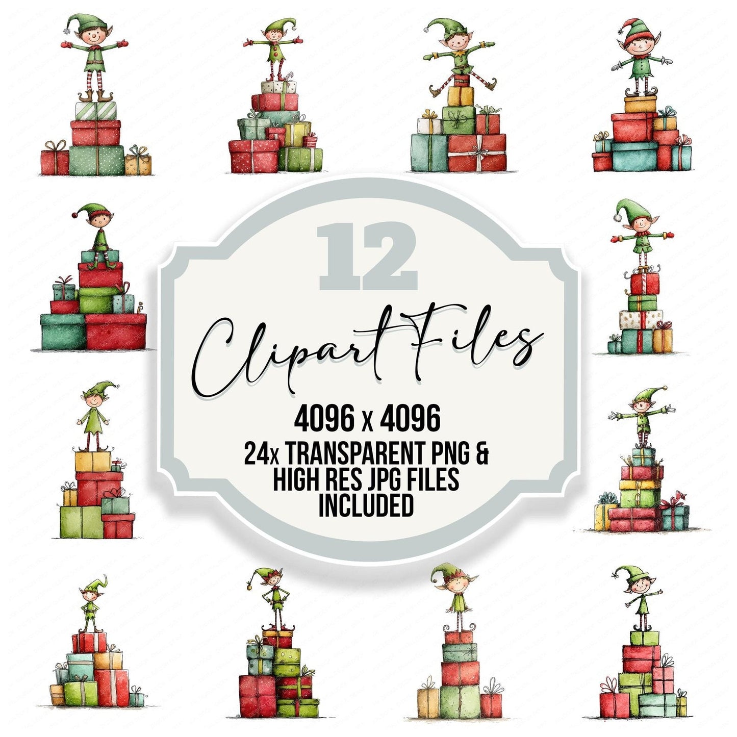 Christmas Watercolour Elf Presents Clipart Set (DDD004926)