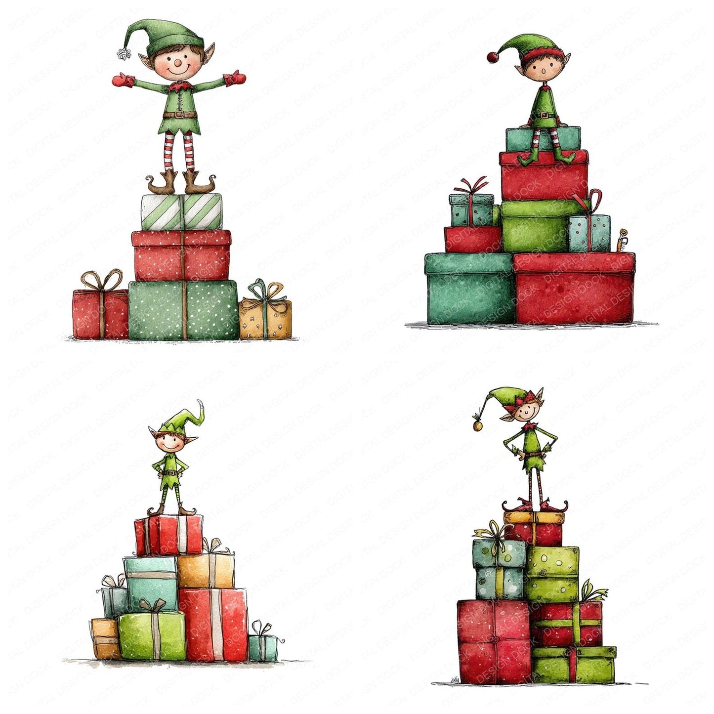 Christmas Watercolour Elf Presents Clipart Set (DDD004926)