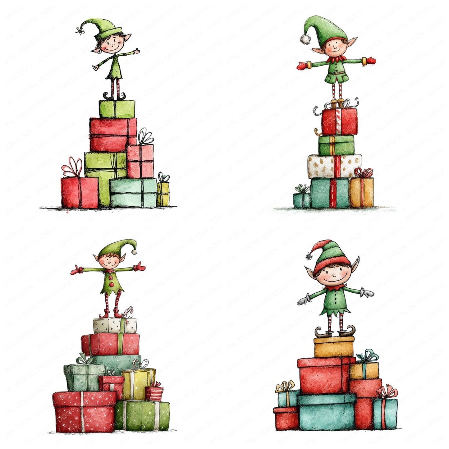 Christmas Watercolour Elf Presents Clipart Set (DDD004926)