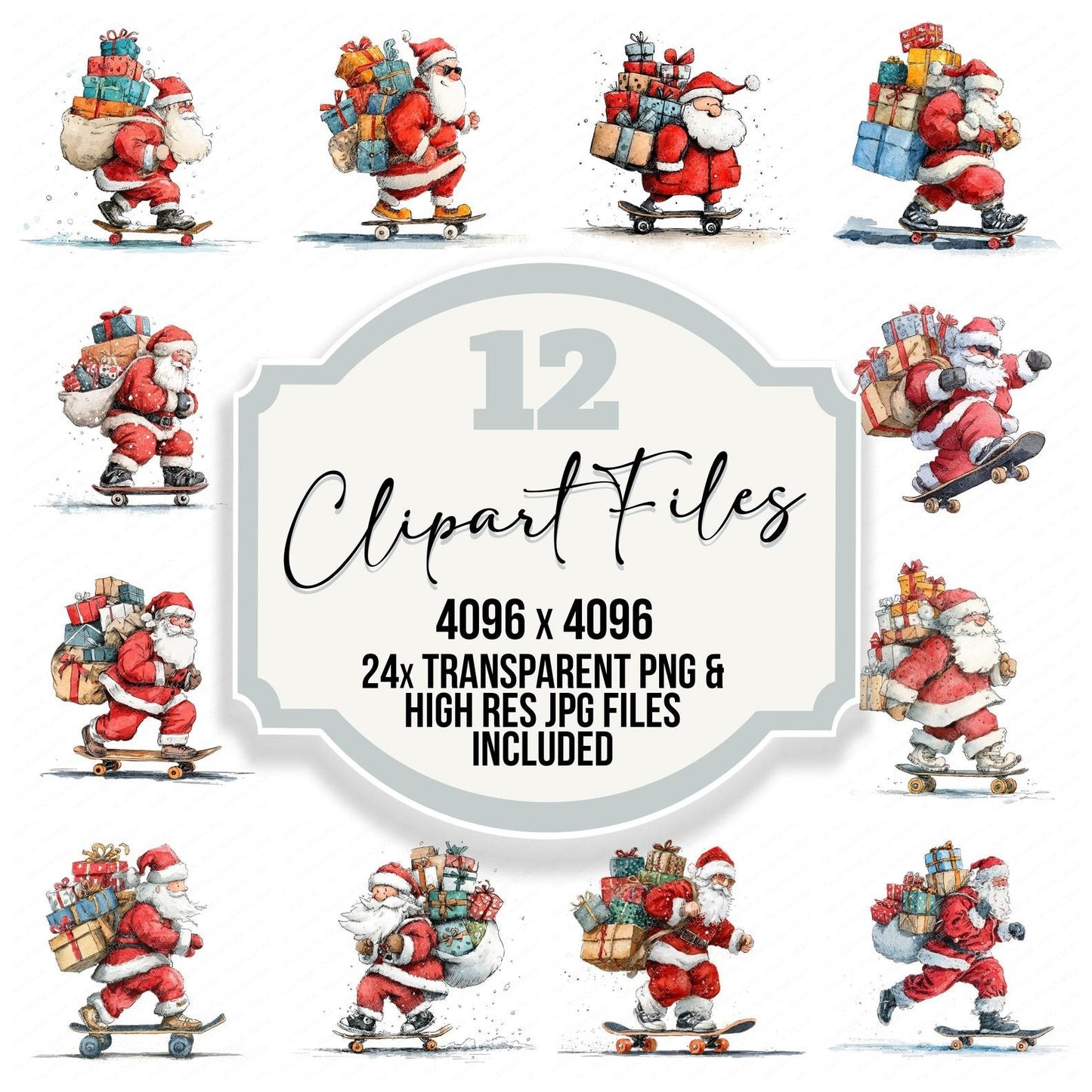 Christmas Watercolour Santa Skateboard Clipart Set (DDD004958)