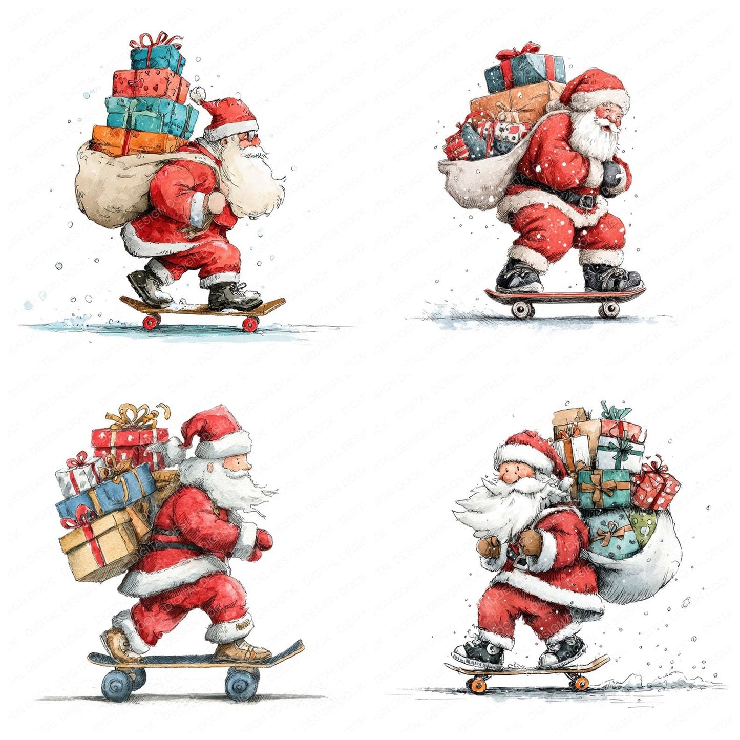 Christmas Watercolour Santa Skateboard Clipart Set (DDD004958)