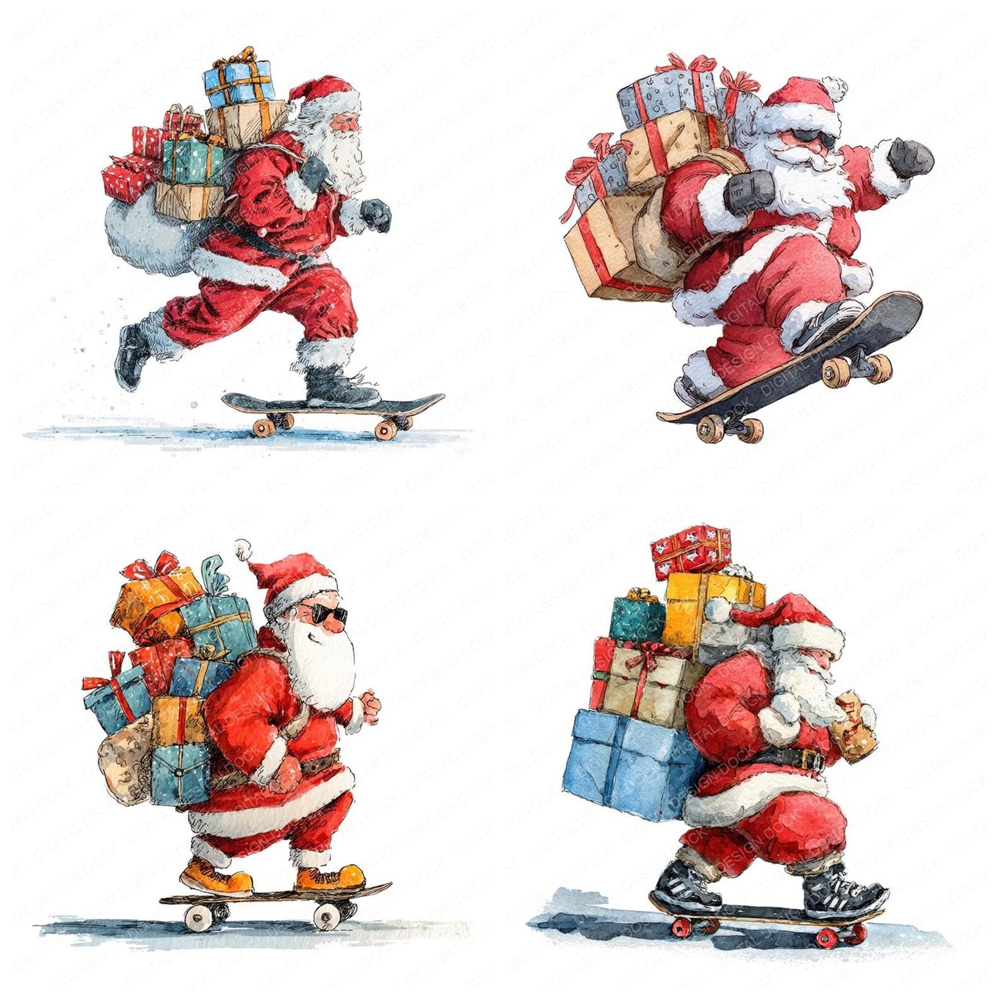 Christmas Watercolour Santa Skateboard Clipart Set (DDD004958)