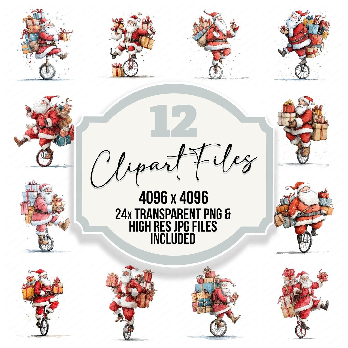 Christmas Watercolour Santa Unicycle Clipart Set (DDD004959)