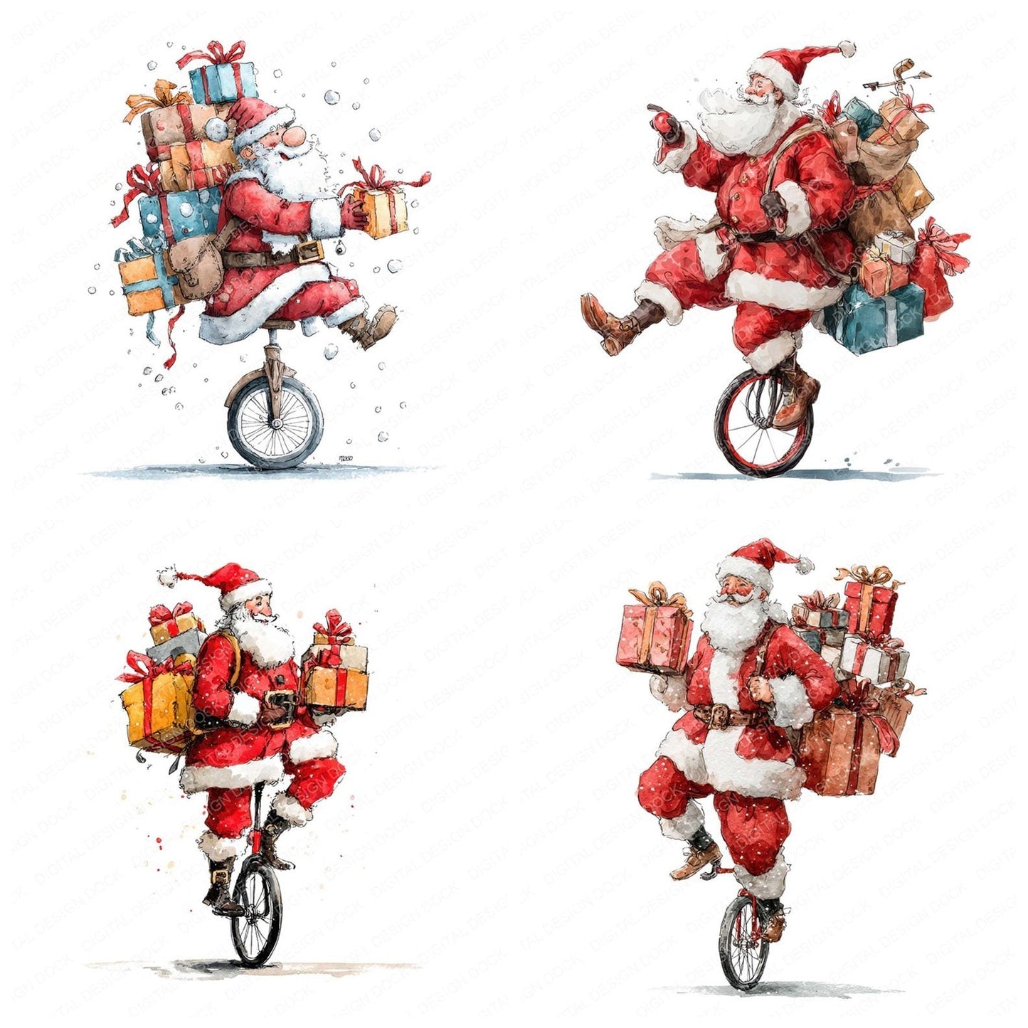Christmas Watercolour Santa Unicycle Clipart Set (DDD004959)
