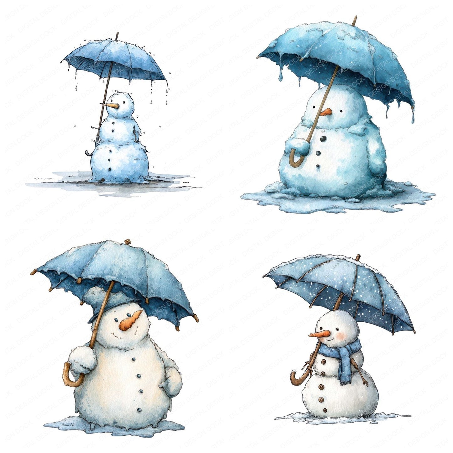 Christmas Watercolour Snowman Umbrella Clipart Set (DDD004965)