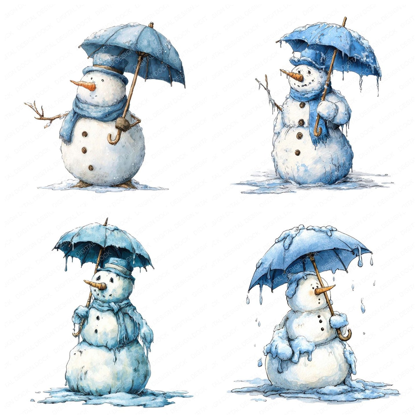 Christmas Watercolour Snowman Umbrella Clipart Set (DDD004965)