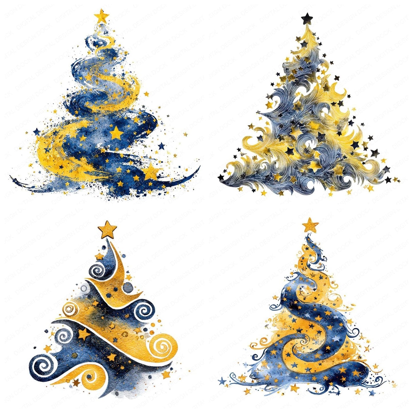 Christmas Watercolour Star Tree Clipart Set (DDD004967)