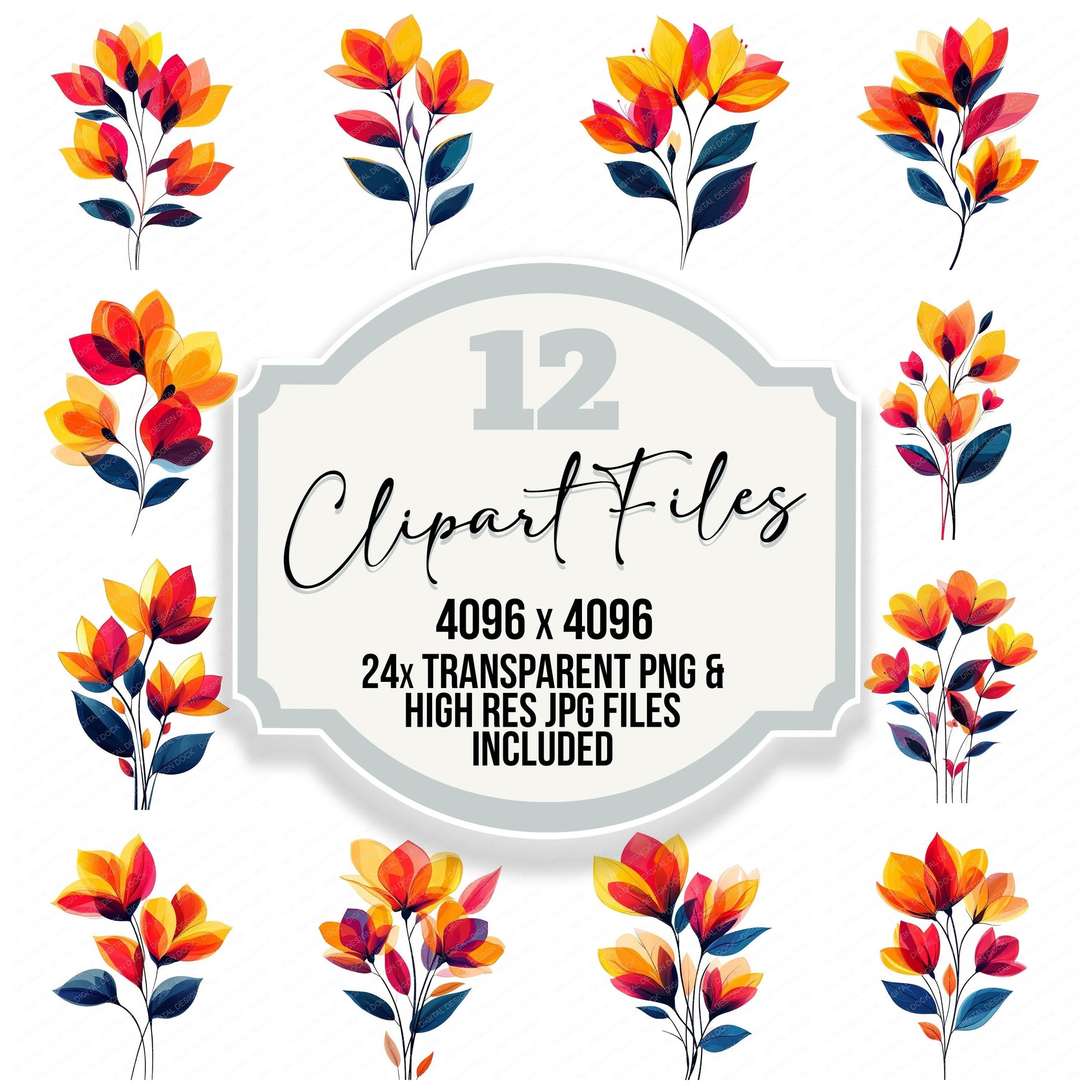 Colourful Abstract Flowers clipart set with transparent PNGs and high resolution JPGs for crafting and design projects
