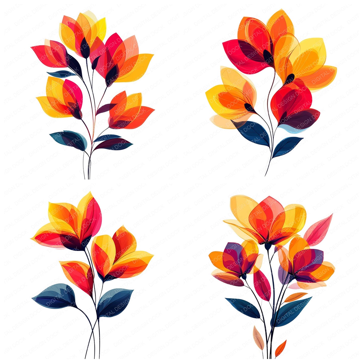 Preview layout showing Colourful Abstract Flowers clipart elements for scrapbooking, junk journals, and card making