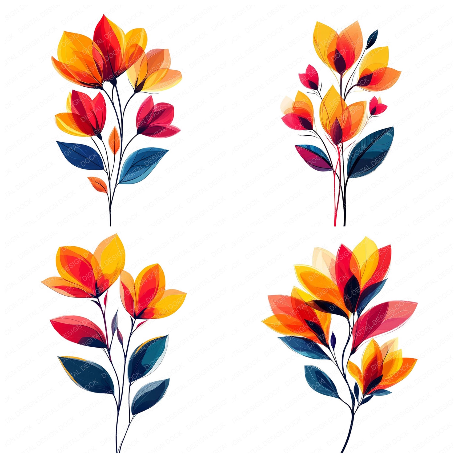 Close view of Colourful Abstract Flowers clipart highlighting illustration detail and cohesive colour tones