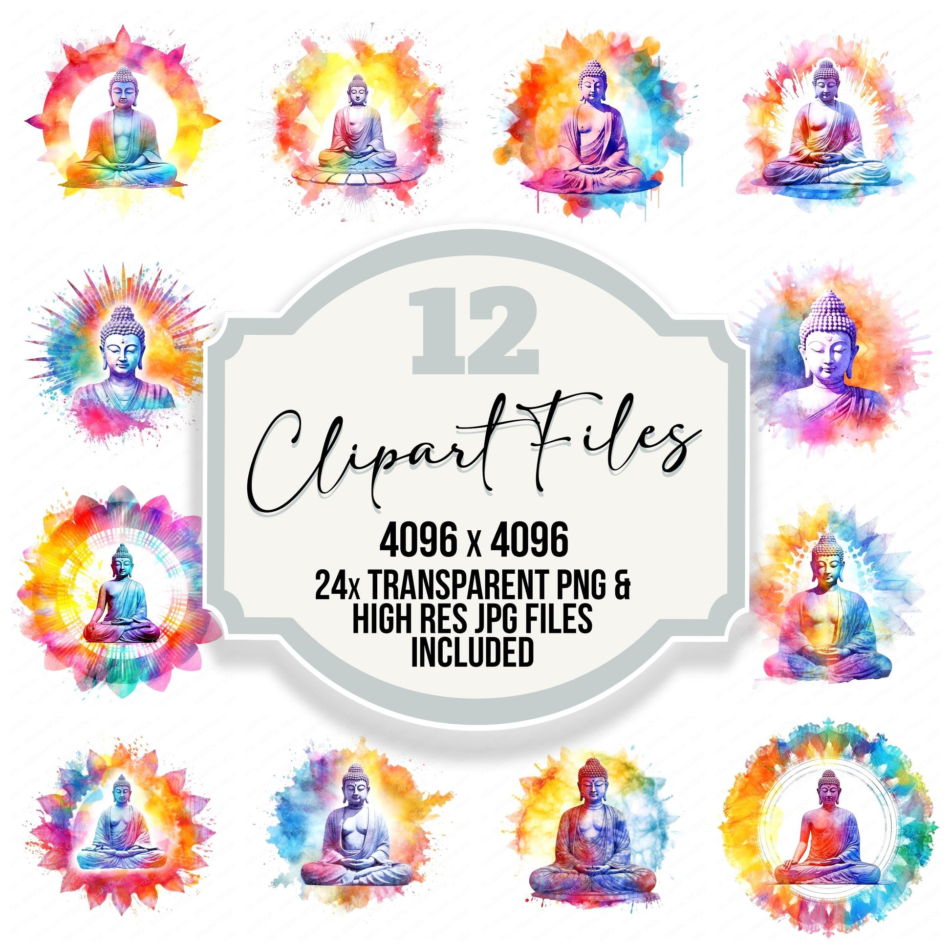 Colourful Aura Buddha clipart set with transparent PNGs and high resolution JPGs for crafting and design projects