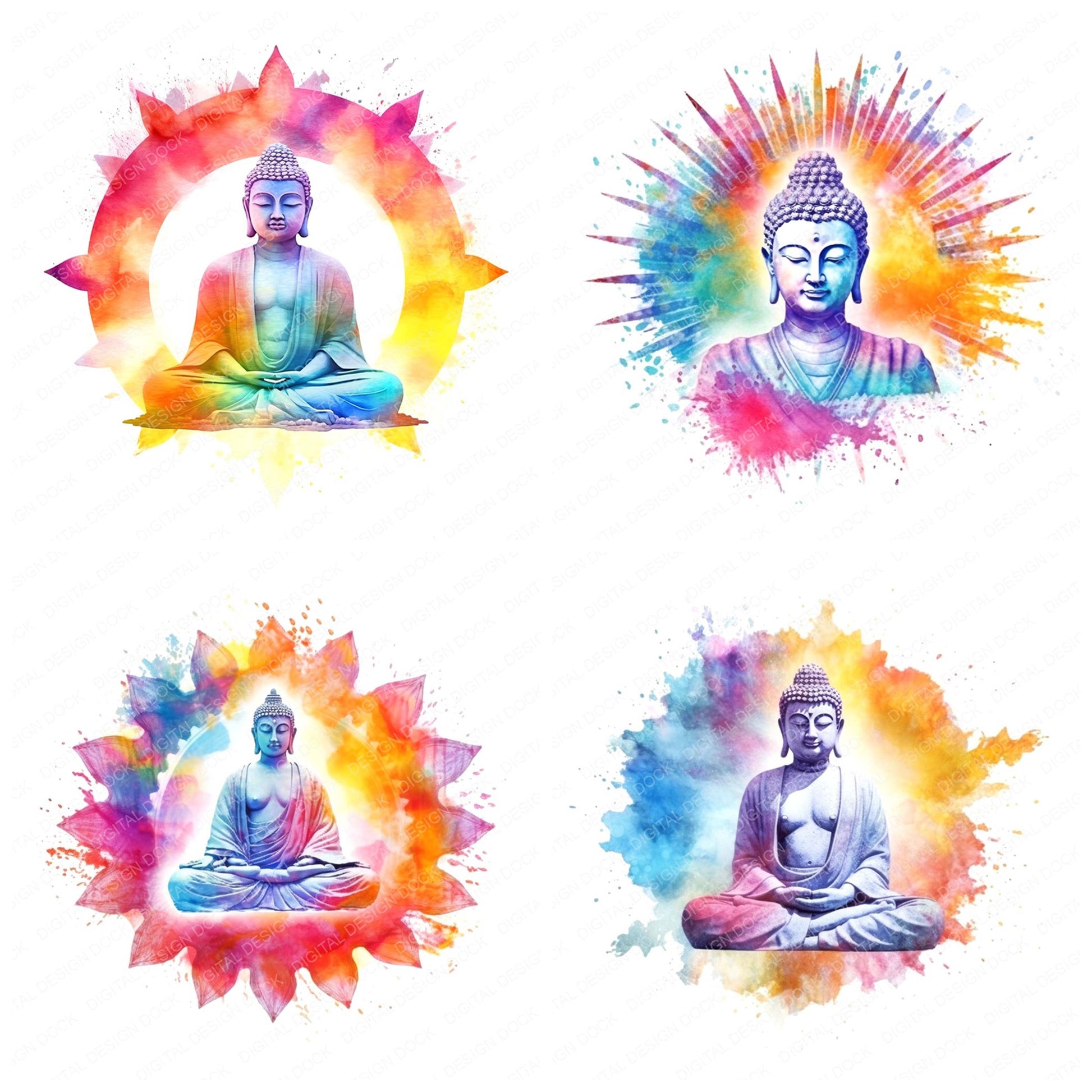 Preview layout showing Colourful Aura Buddha clipart elements for scrapbooking, junk journals, and card making