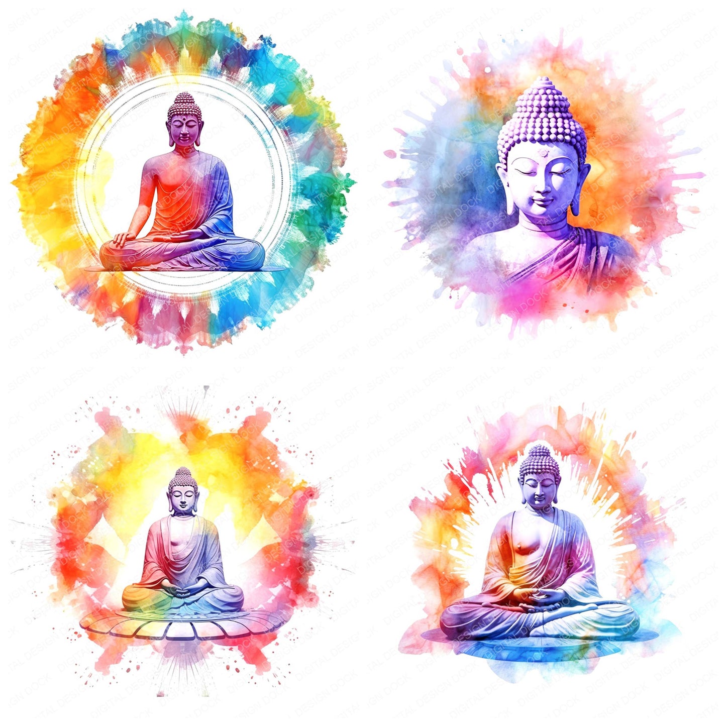 Close view of Colourful Aura Buddha clipart highlighting illustration detail and cohesive colour tones