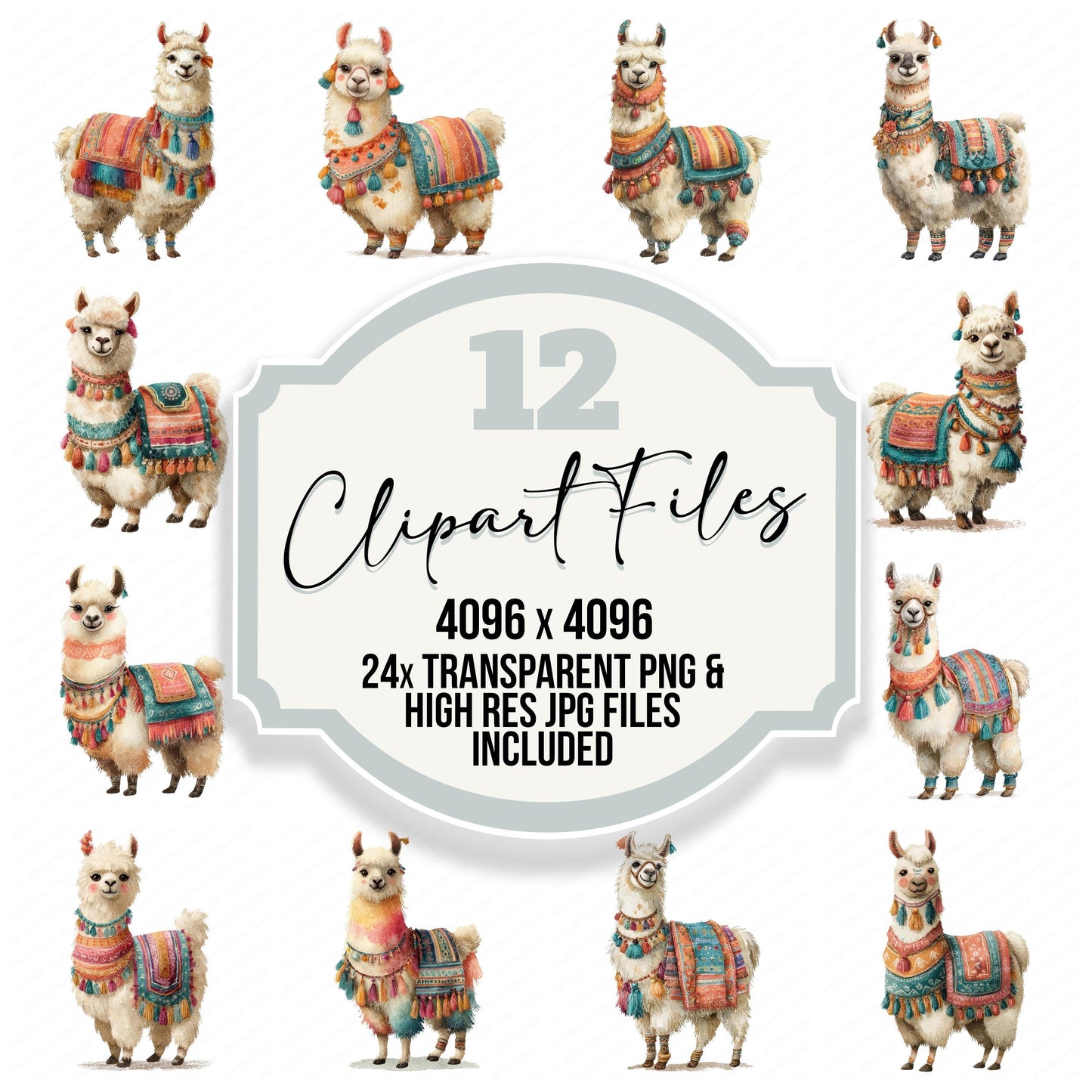 Colourful Blanket Llama clipart set with transparent PNGs and high resolution JPGs for crafting and design projects