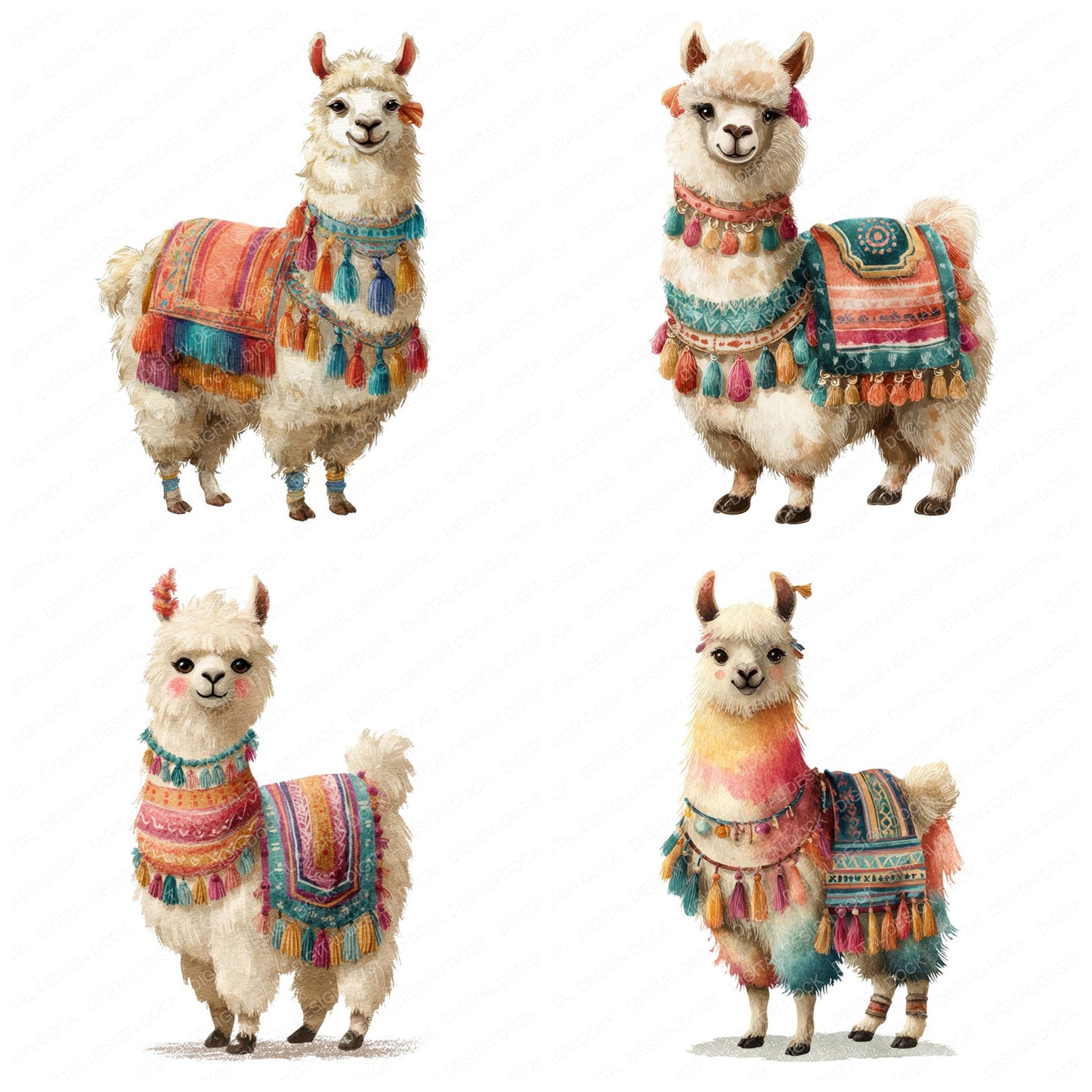 Preview layout showing Colourful Blanket Llama clipart elements for scrapbooking, junk journals, and card making
