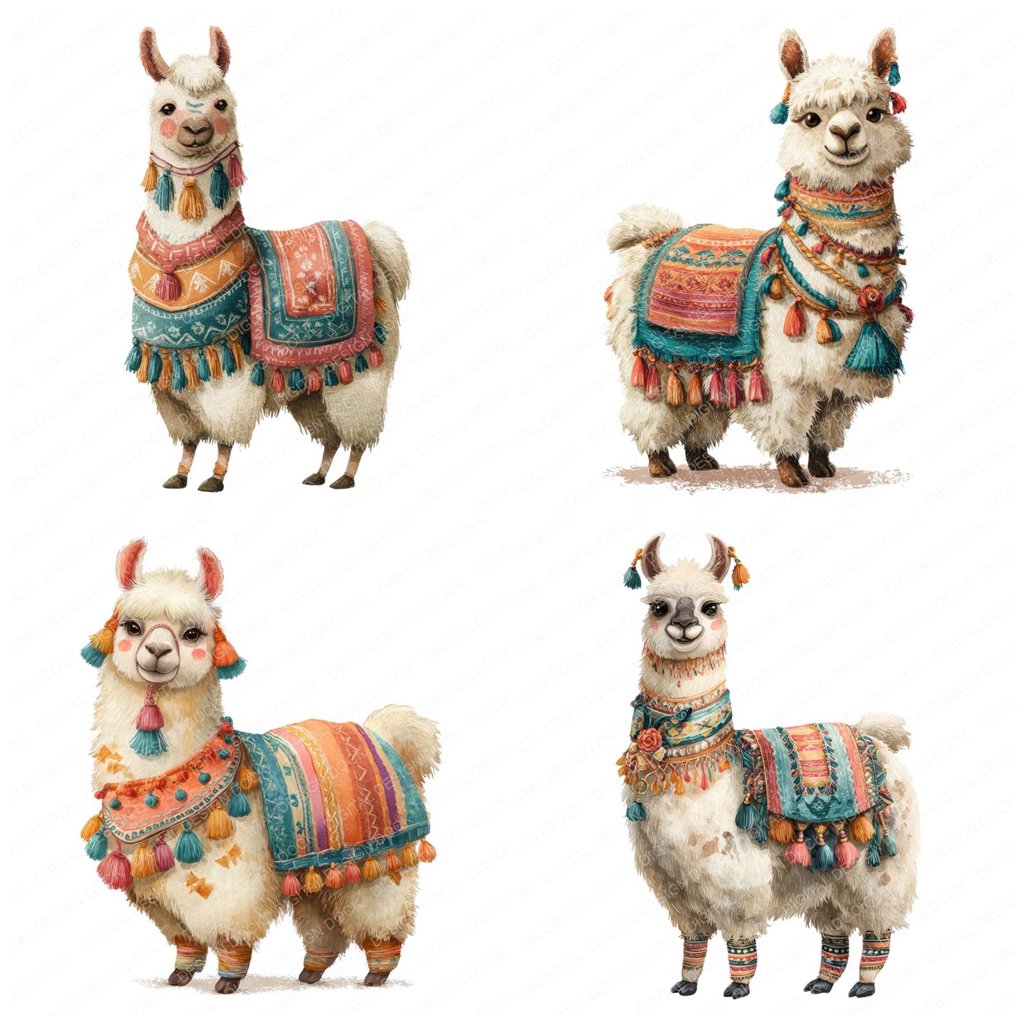 Close view of Colourful Blanket Llama clipart highlighting illustration detail and cohesive colour tones