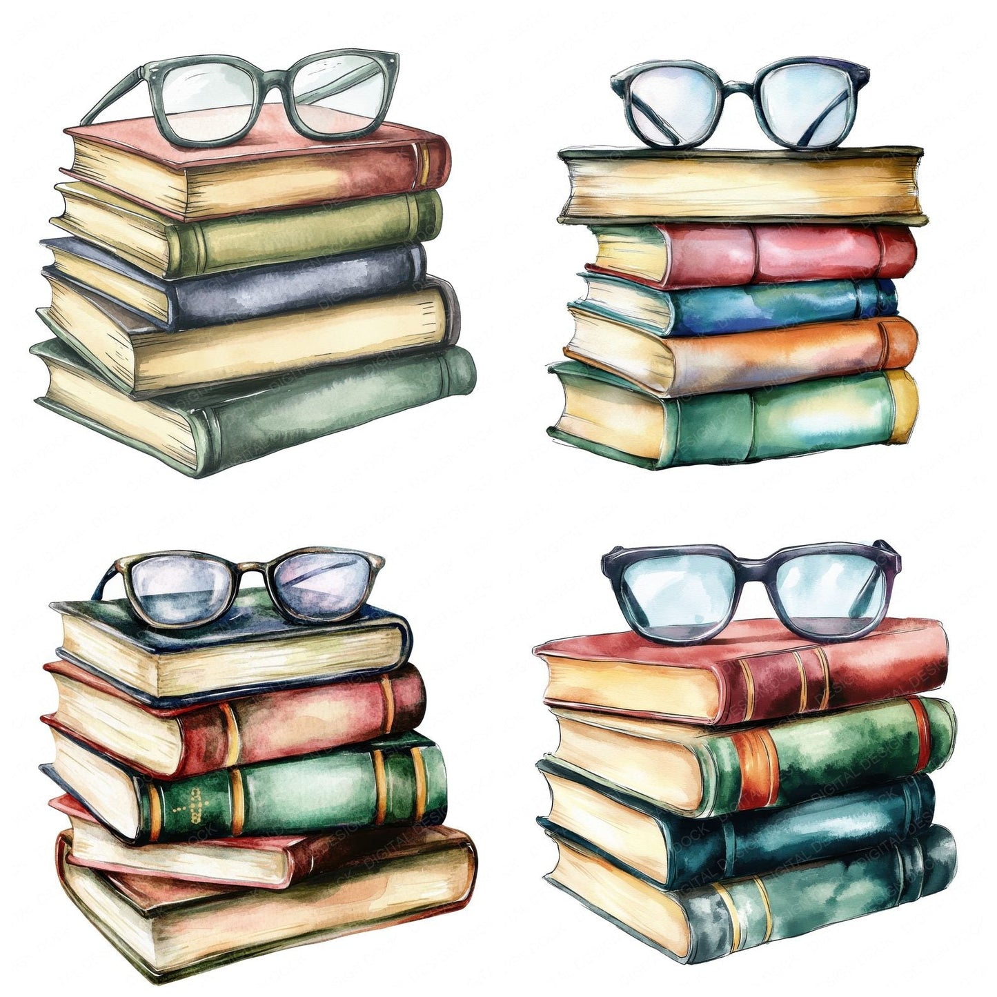 Colourful Book Stack with Glasses Clipart Set (DDD004992)
