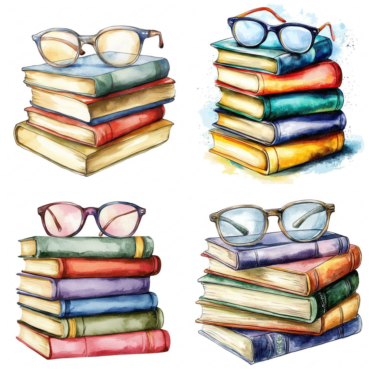 Colourful Book Stack with Glasses Clipart Set (DDD004992)