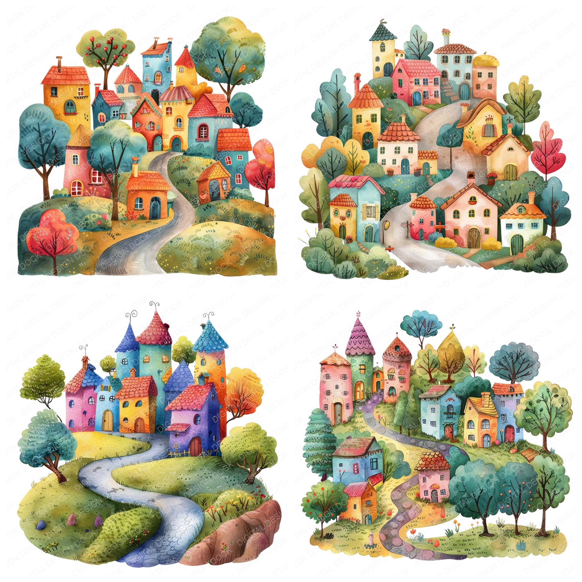 Preview layout showing Colourful Cartoon Village clipart elements for scrapbooking, junk journals, and card making