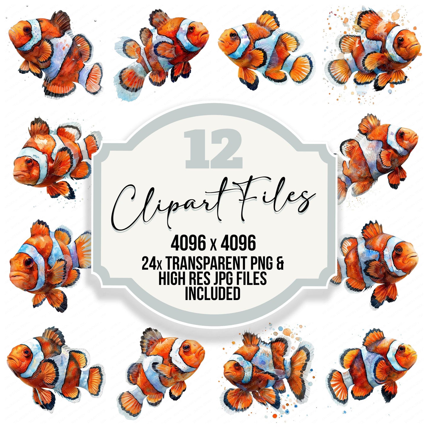 Colourful Clownfish clipart set with transparent PNGs and high resolution JPGs for crafting and design projects