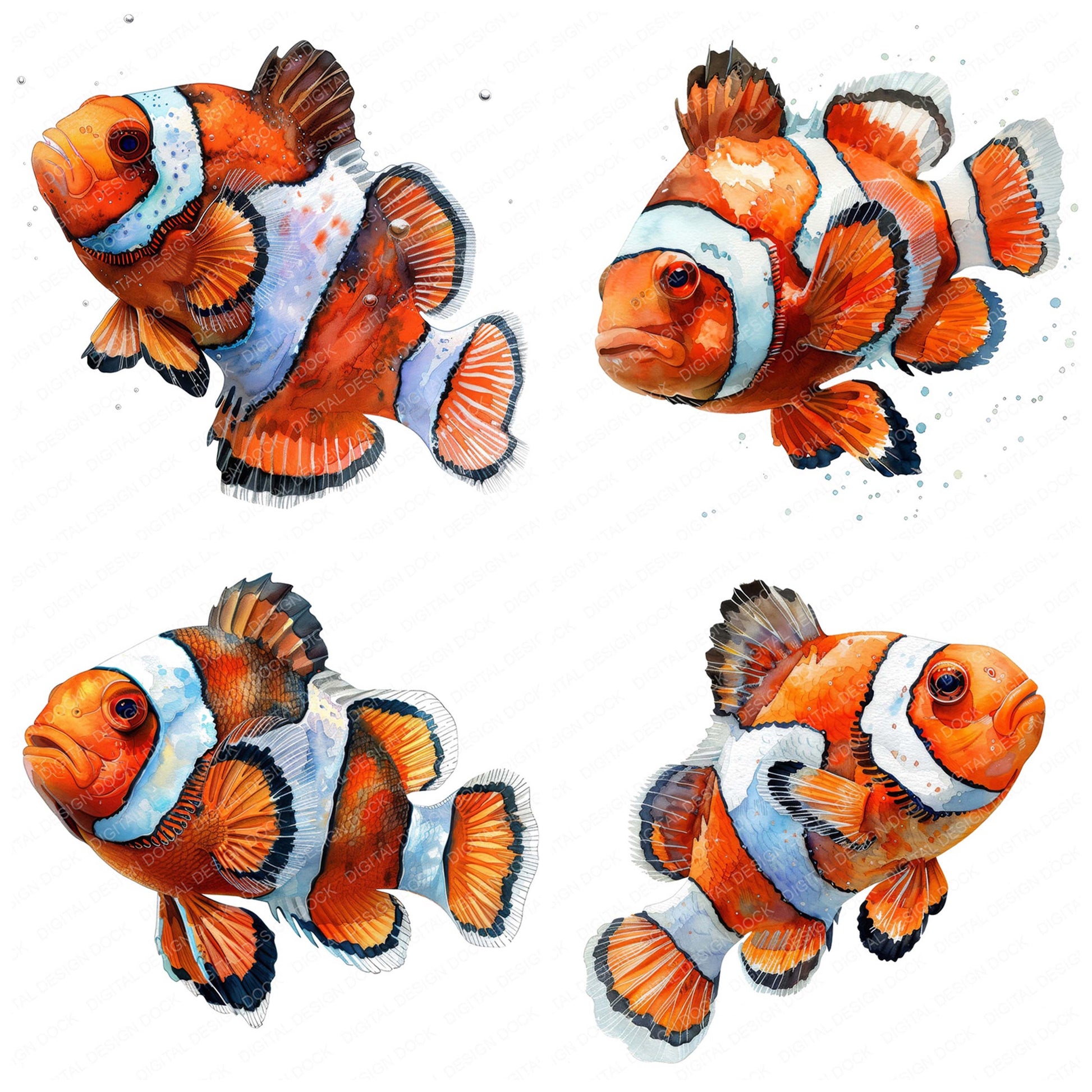 Preview layout showing Colourful Clownfish clipart elements for scrapbooking, junk journals, and card making