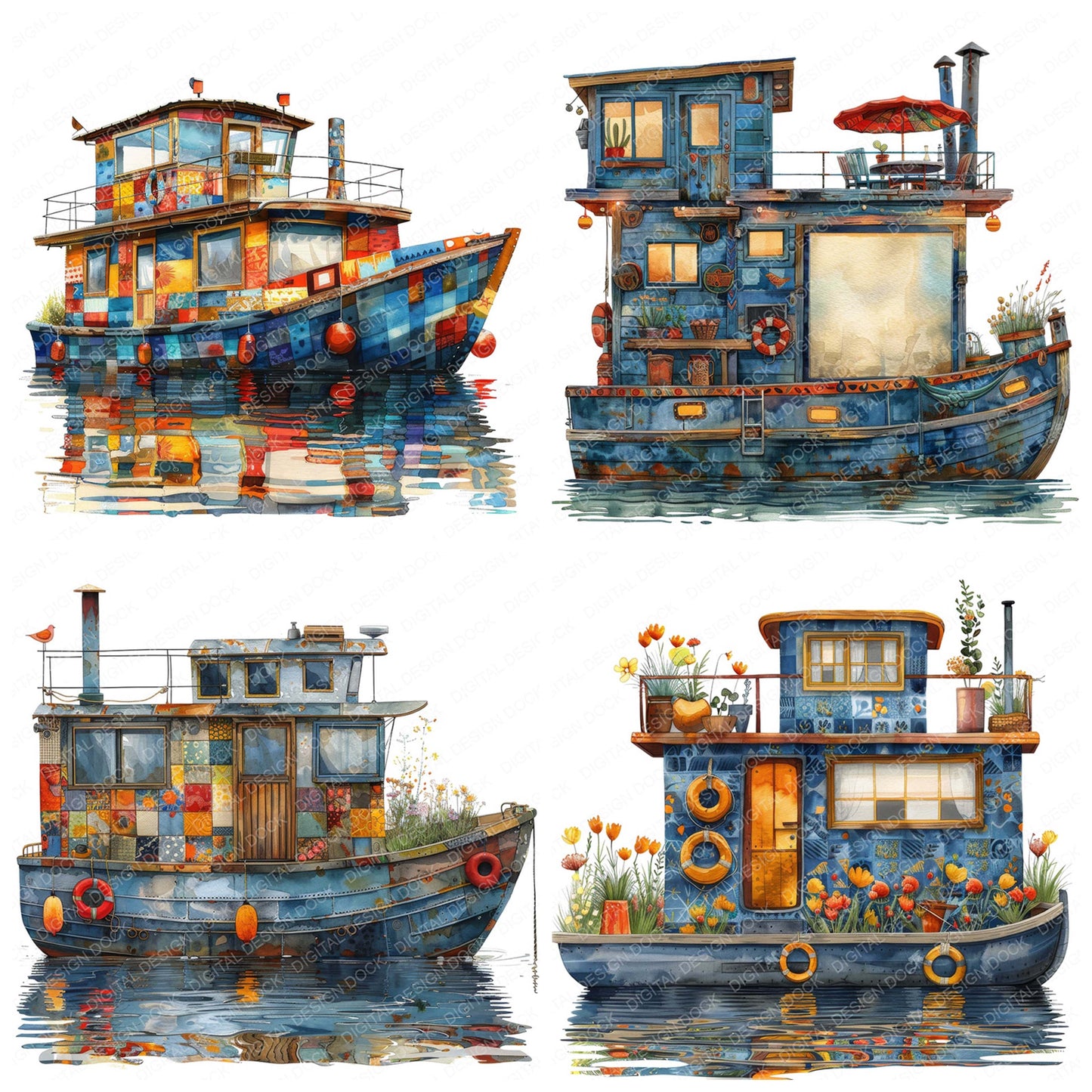 Colourful Houseboat Clipart Set (DDD004995)