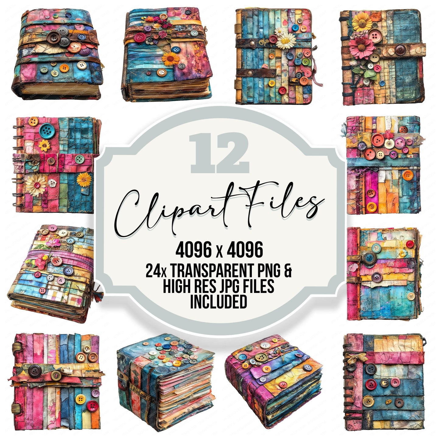 Colourful Journal Diary Book clipart set with transparent PNGs and high resolution JPGs for crafting and design projects
