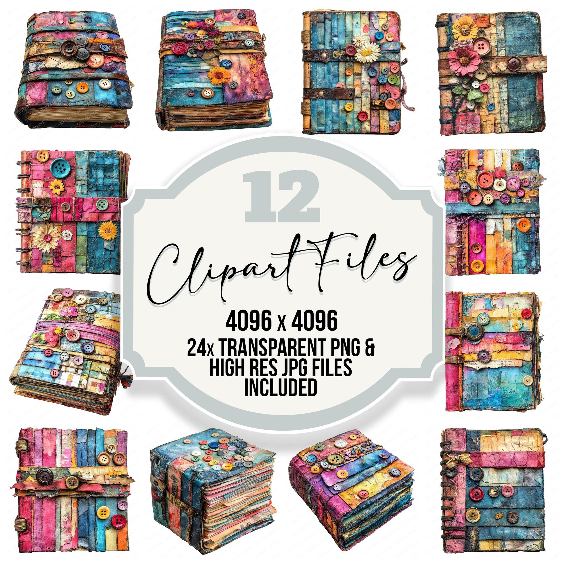 Colourful Journal Diary Book clipart set with transparent PNGs and high resolution JPGs for crafting and design projects