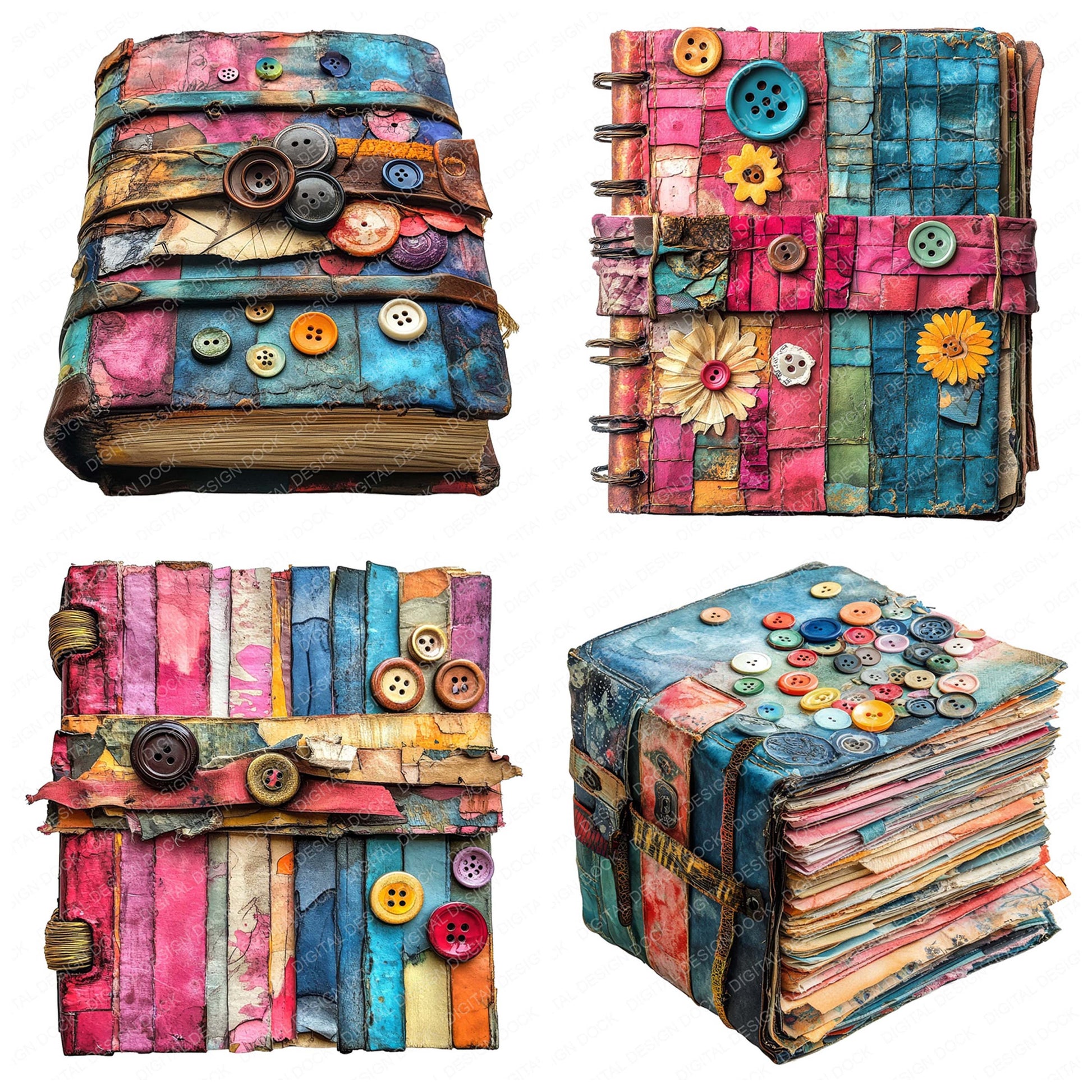 Preview layout showing Colourful Journal Diary Book clipart elements for scrapbooking, junk journals, and card making