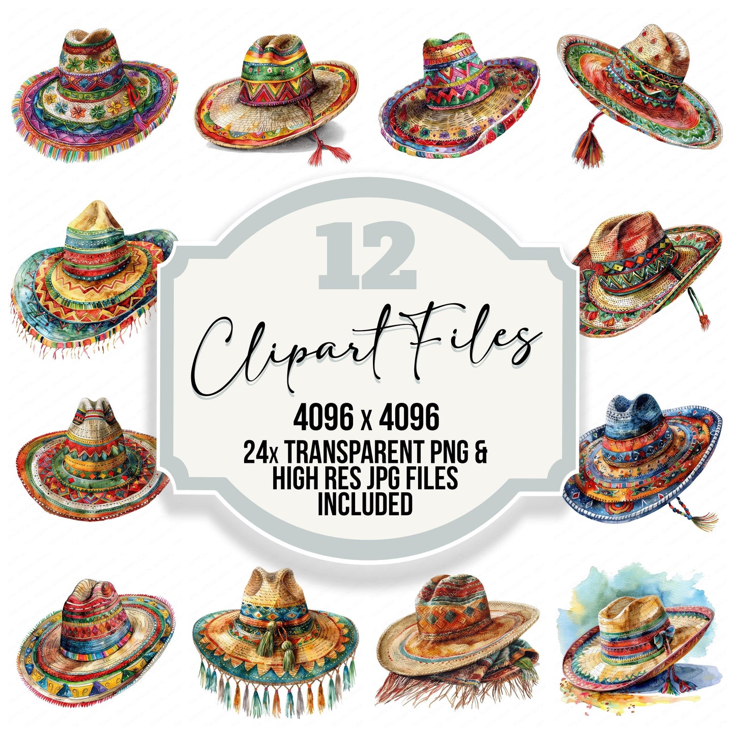 Colourful Mexican Sombrero clipart set with transparent PNGs and high resolution JPGs for crafting and design projects