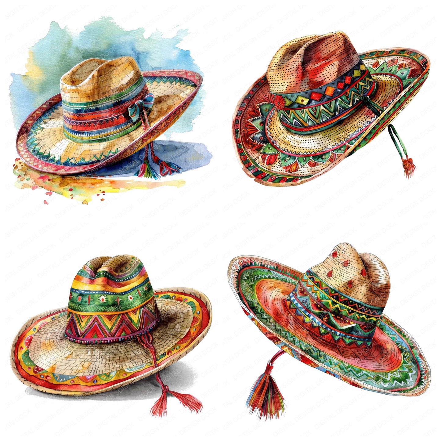 Close view of Colourful Mexican Sombrero clipart highlighting illustration detail and cohesive colour tones