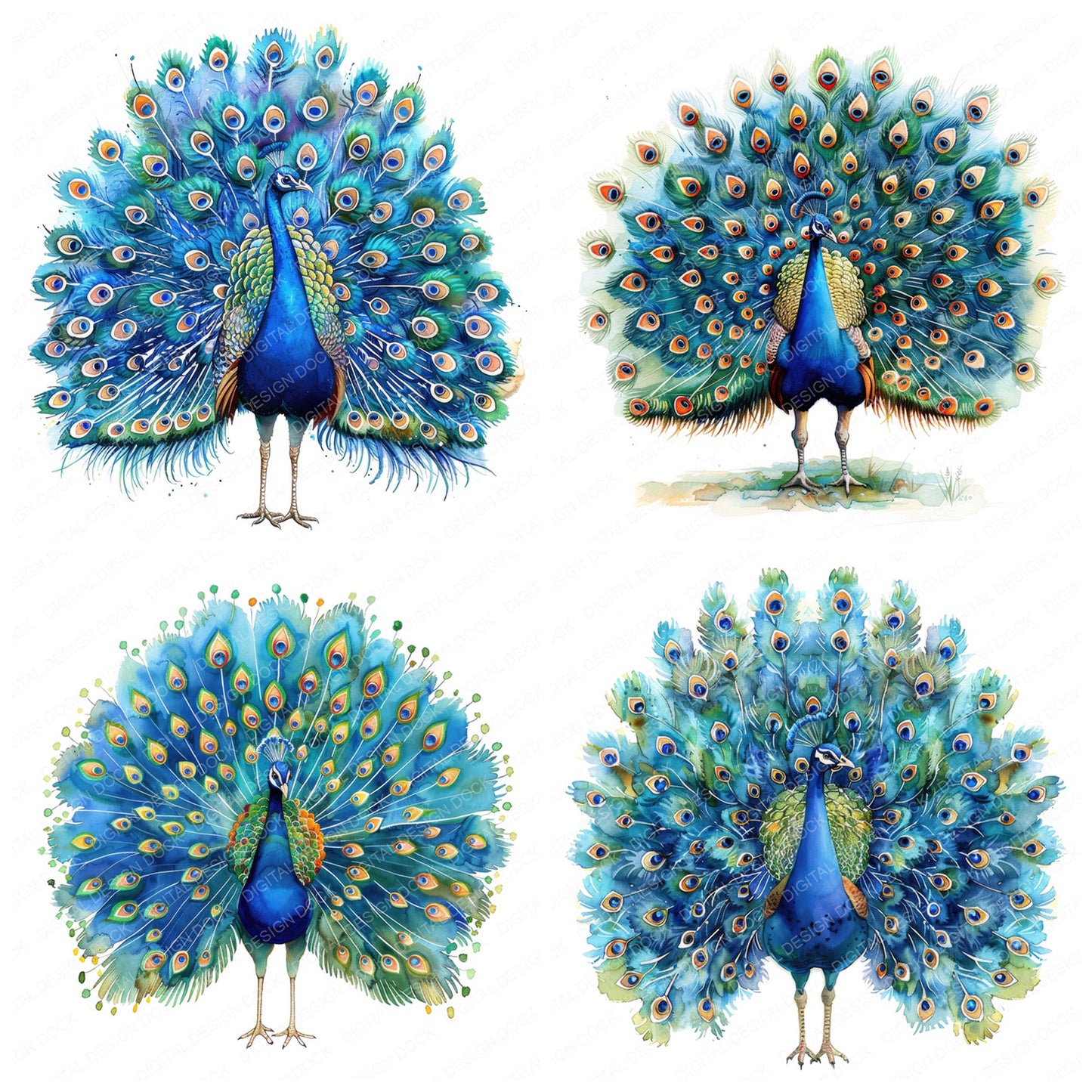 Close view of Colourful Peacock clipart highlighting illustration detail and cohesive colour tones