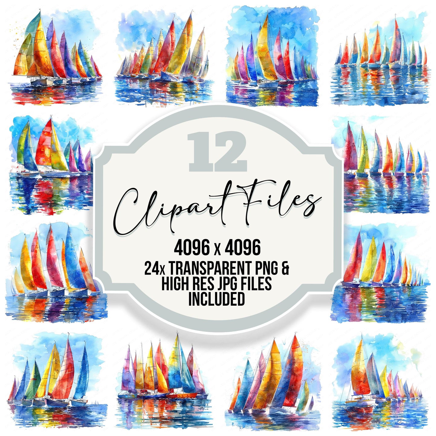 Colourful Sailboat Regatta clipart set with transparent PNGs and high resolution JPGs for crafting and design projects