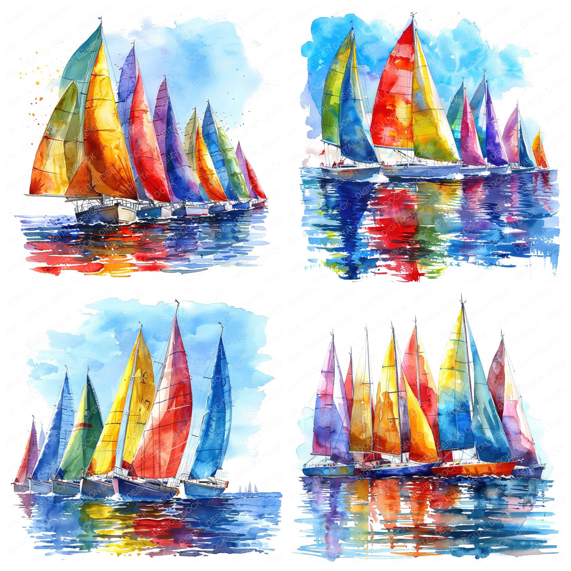 Preview layout showing Colourful Sailboat Regatta clipart elements for scrapbooking, junk journals, and card making