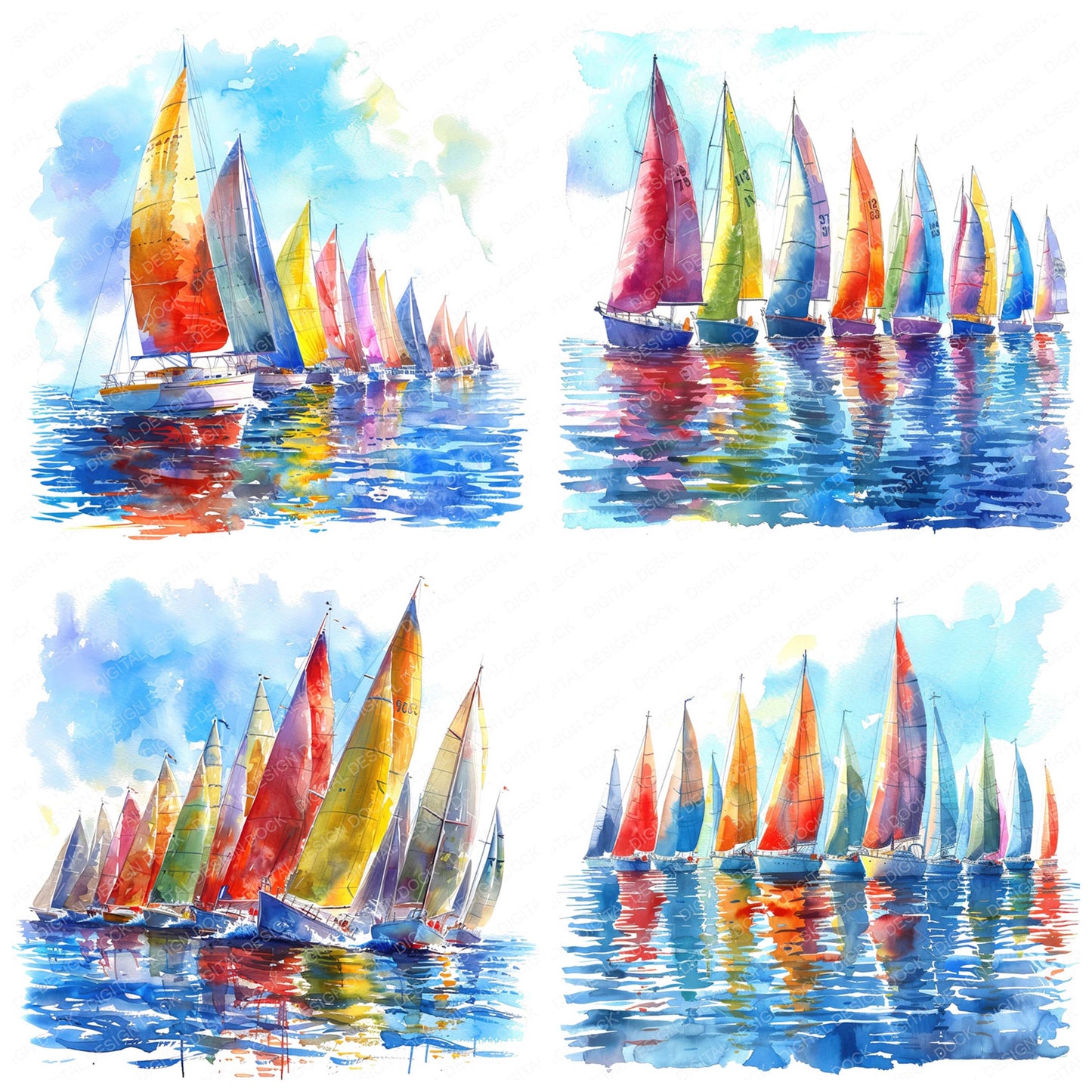 Close view of Colourful Sailboat Regatta clipart highlighting illustration detail and cohesive colour tones