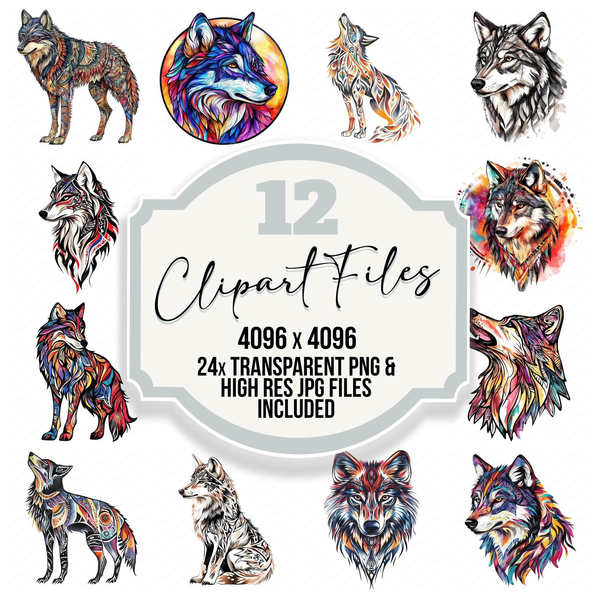 Colourful Tribal Wolf clipart set with transparent PNGs and high resolution JPGs for crafting and design projects
