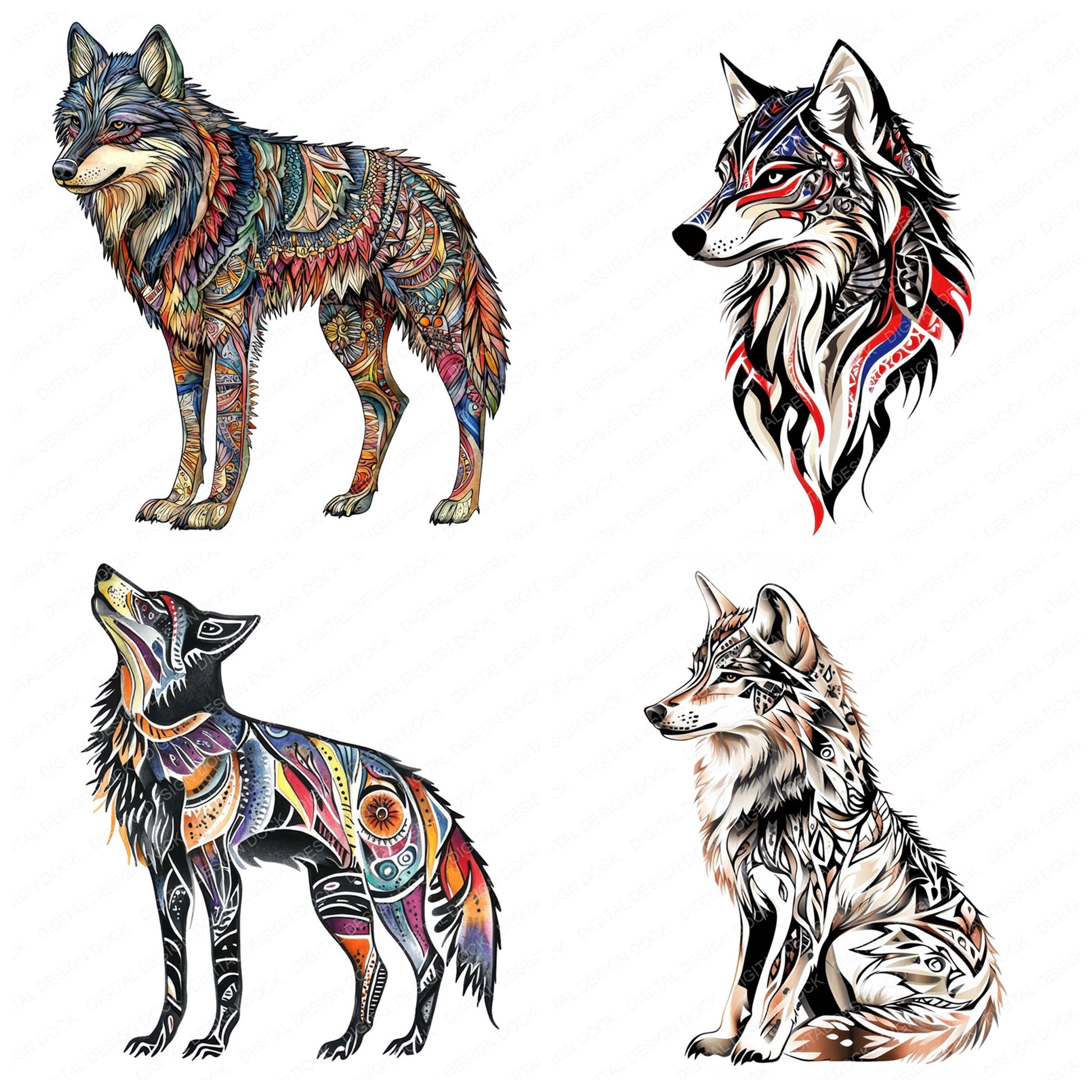Preview layout showing Colourful Tribal Wolf clipart elements for scrapbooking, junk journals, and card making