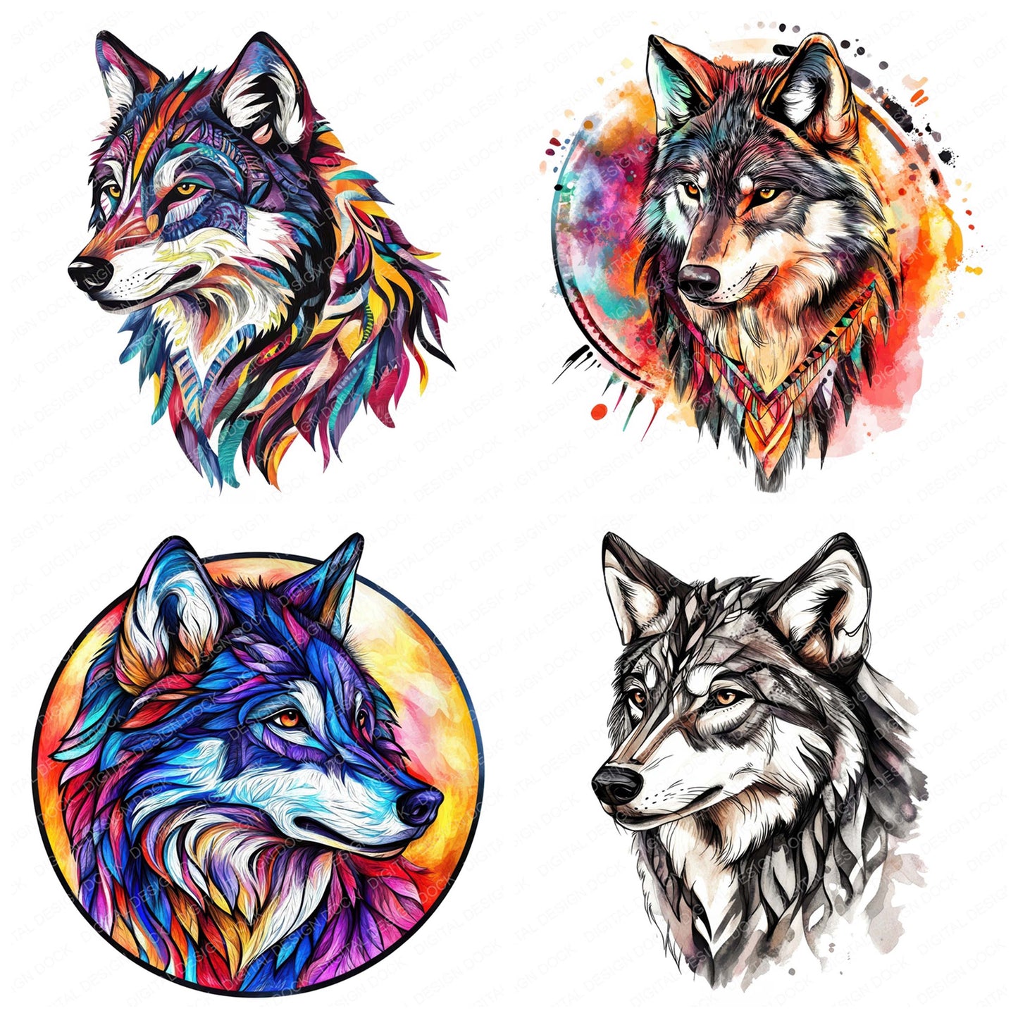 Close view of Colourful Tribal Wolf clipart highlighting illustration detail and cohesive colour tones
