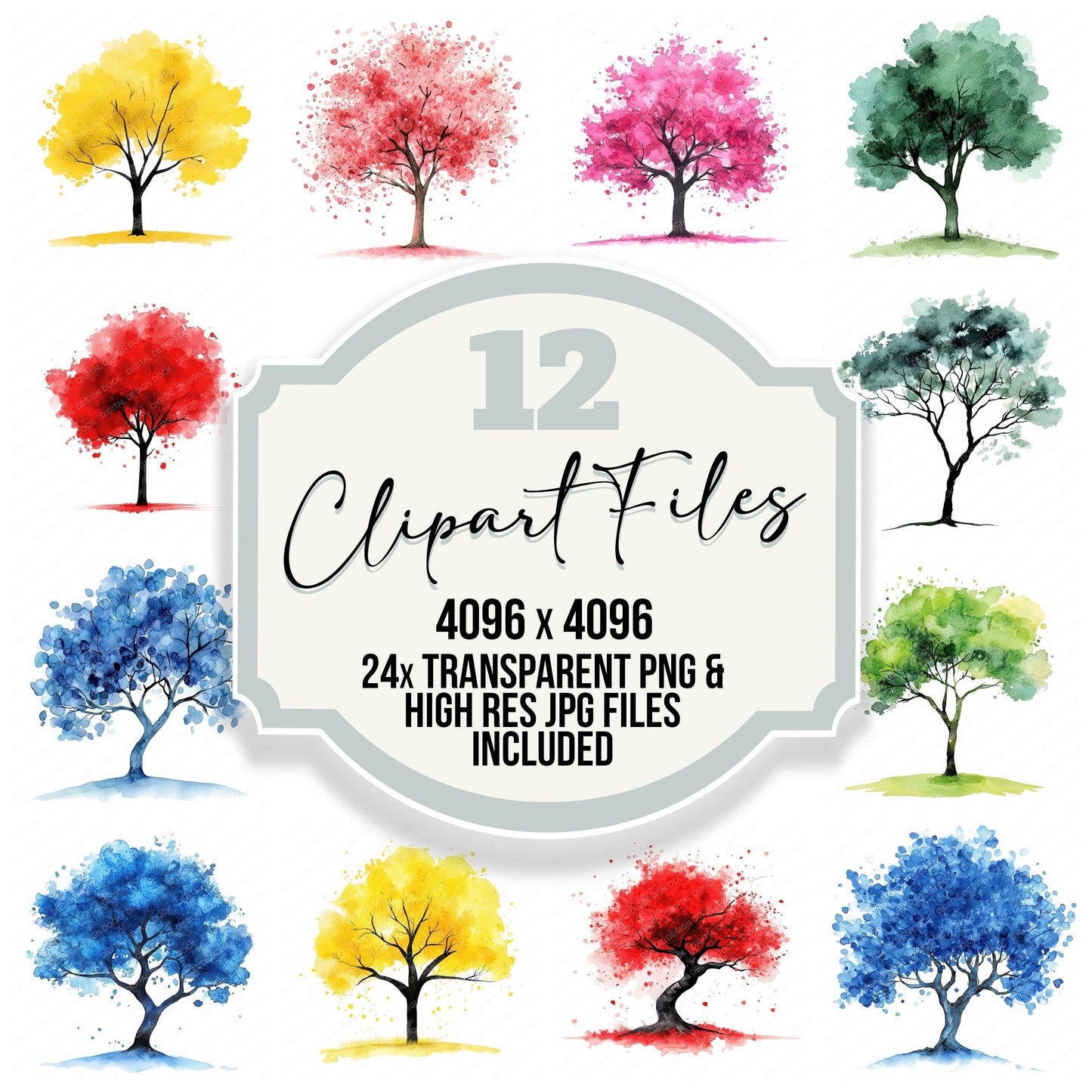 Colourful Watercolour Tree clipart set with transparent PNGs and high resolution JPGs for crafting and design projects
