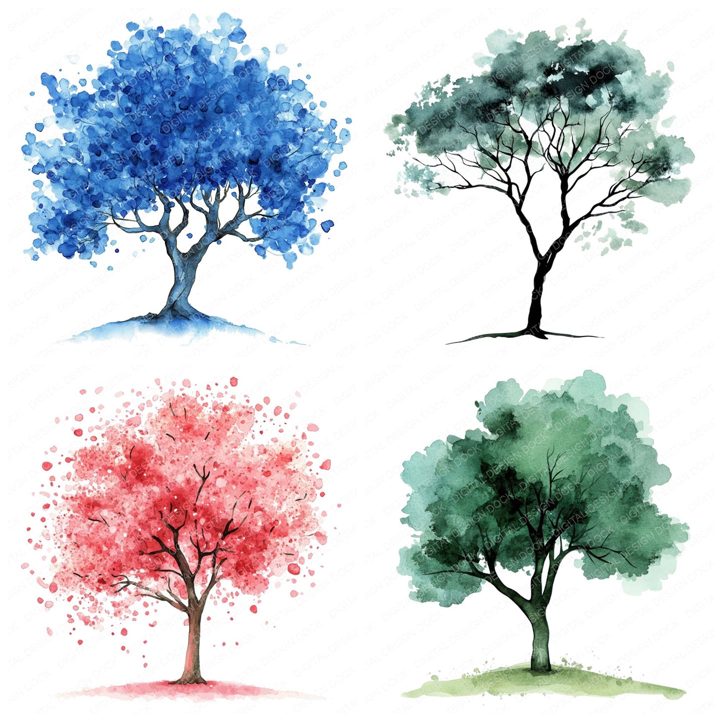 Close view of Colourful Watercolour Tree clipart highlighting illustration detail and cohesive colour tones