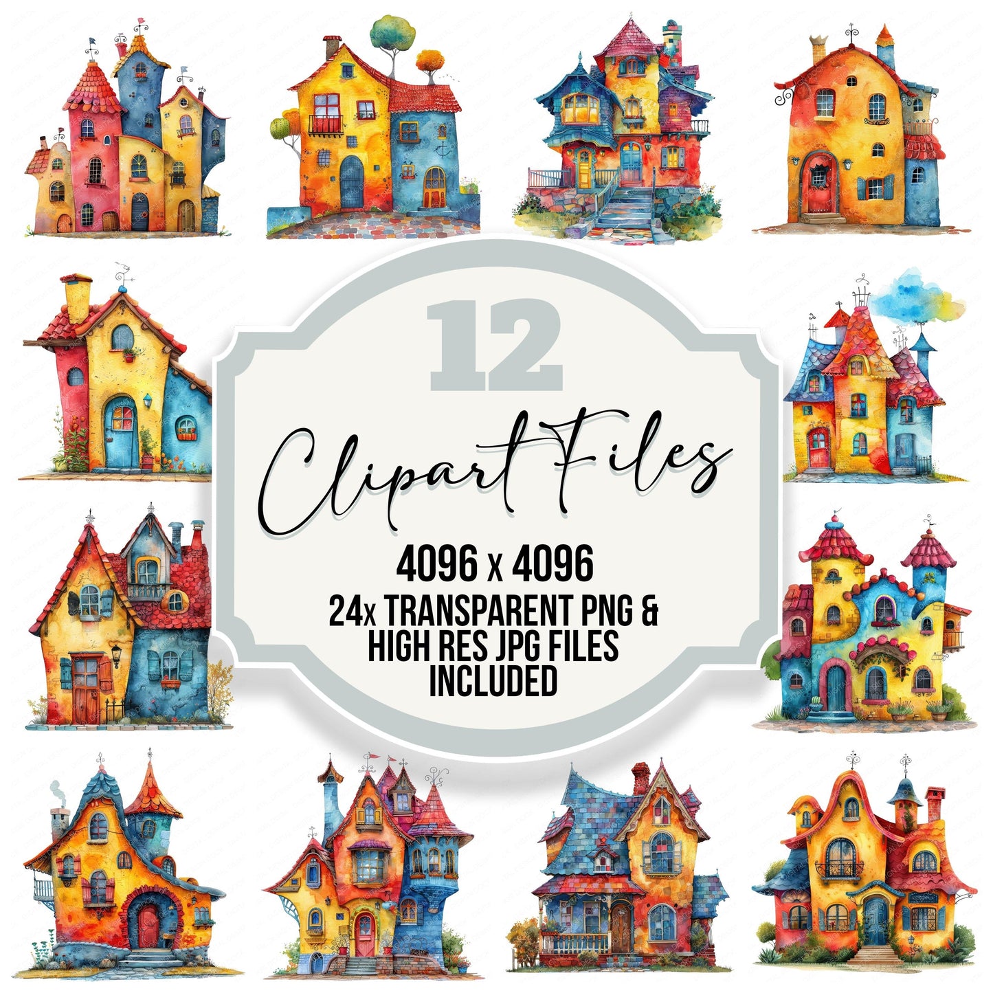 Colourful Whimsical House clipart set with transparent PNGs and high resolution JPGs for crafting and design projects