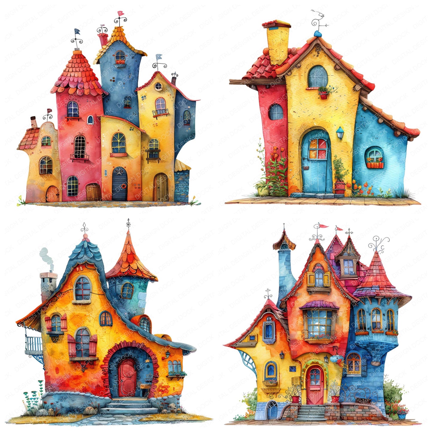 Preview layout showing Colourful Whimsical House clipart elements for scrapbooking, junk journals, and card making