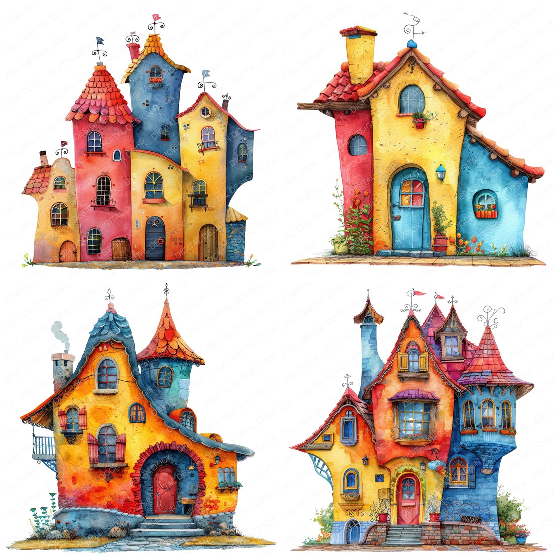 Preview layout showing Colourful Whimsical House clipart elements for scrapbooking, junk journals, and card making