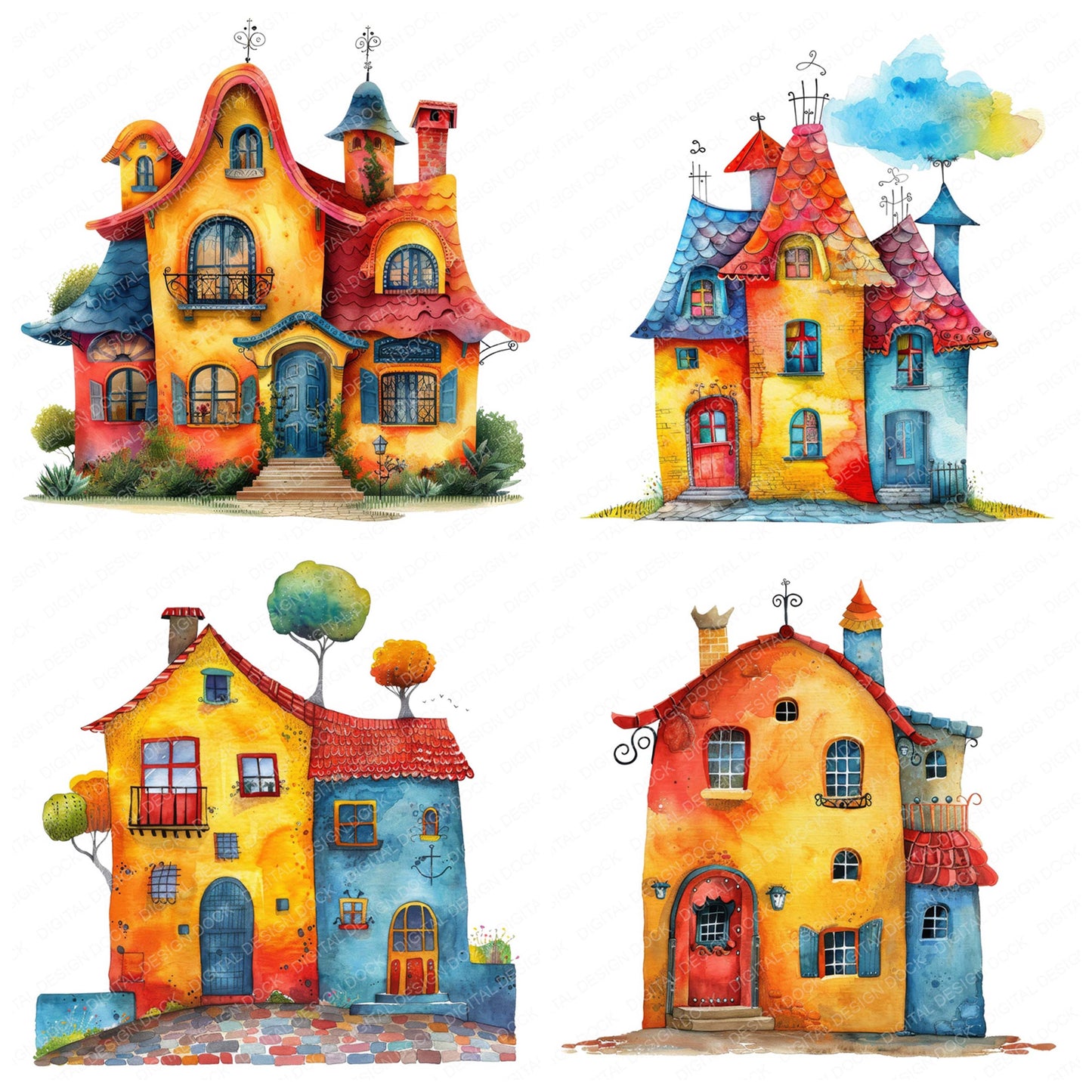 Close view of Colourful Whimsical House clipart highlighting illustration detail and cohesive colour tones