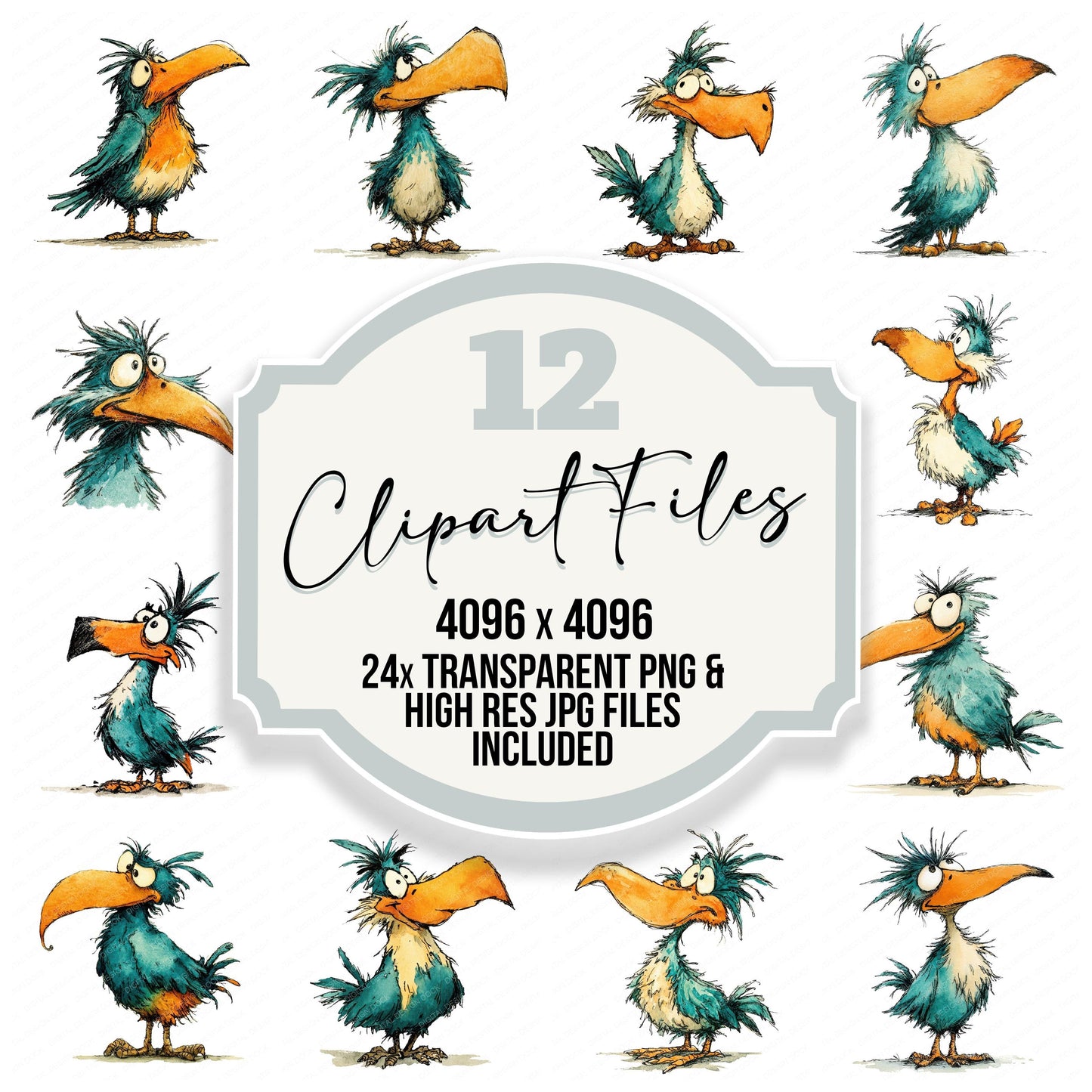 Comical Beak Bird Character clipart set with transparent PNGs and high resolution JPGs for crafting and design projects
