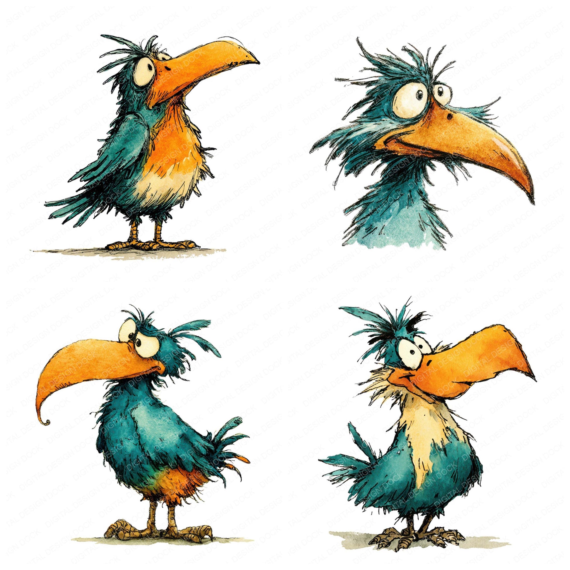 Preview layout showing Comical Beak Bird Character clipart elements for scrapbooking, junk journals, and card making