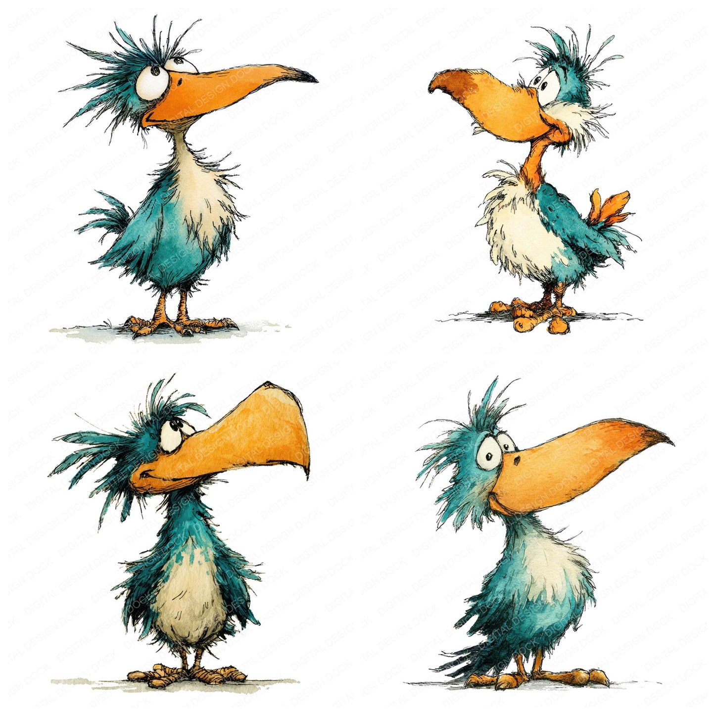 Close view of Comical Beak Bird Character clipart highlighting illustration detail and cohesive colour tones