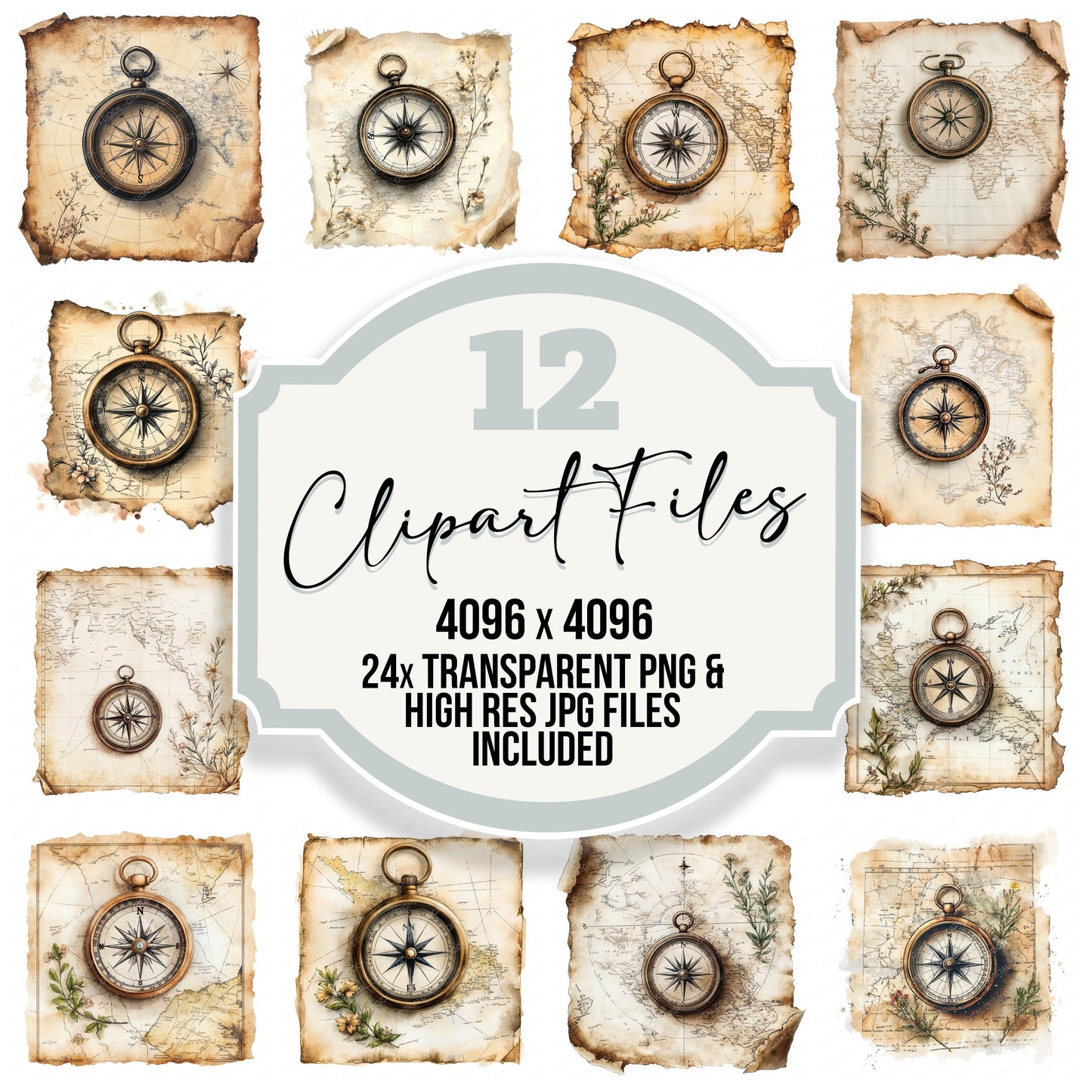 Compass on Old Map clipart set with transparent PNGs and high resolution JPGs for crafting and design projects