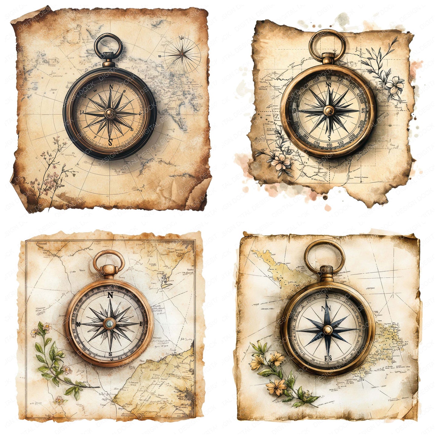 Preview layout showing Compass on Old Map clipart elements for scrapbooking, junk journals, and card making